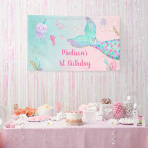 Mermaid Pink Gold Under The Sea Birthday Banner