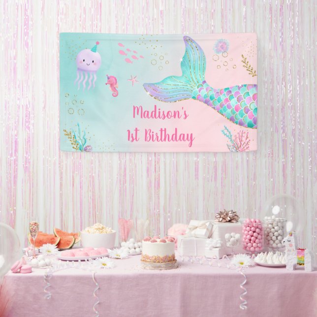 Mermaid Pink Gold Under The Sea Birthday Banner (Party)