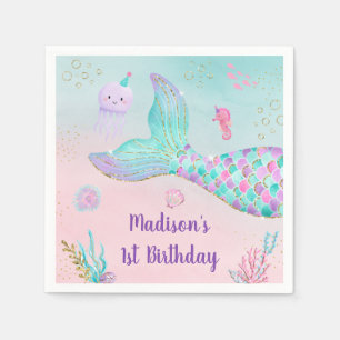 Mermaid Pink Gold Under The Sea Birthday Napkin