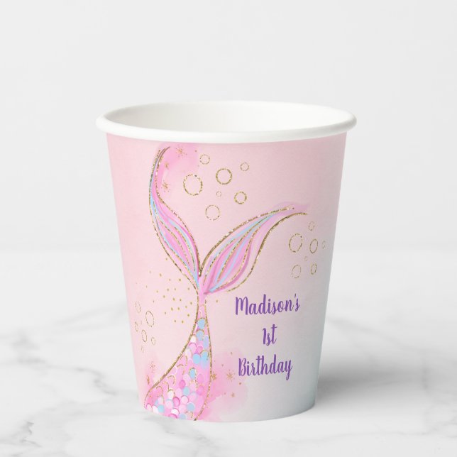 Mermaid Pink Gold Under The Sea Birthday Paper Cups (Front)