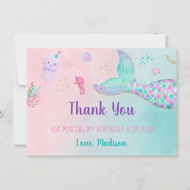 Mermaid Pink Gold Under The Sea Birthday Thank You Card (Front)