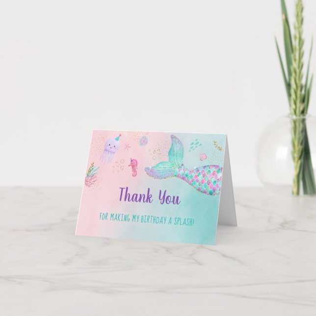 Mermaid Pink Gold Under The Sea Birthday Thank You Card (Front)