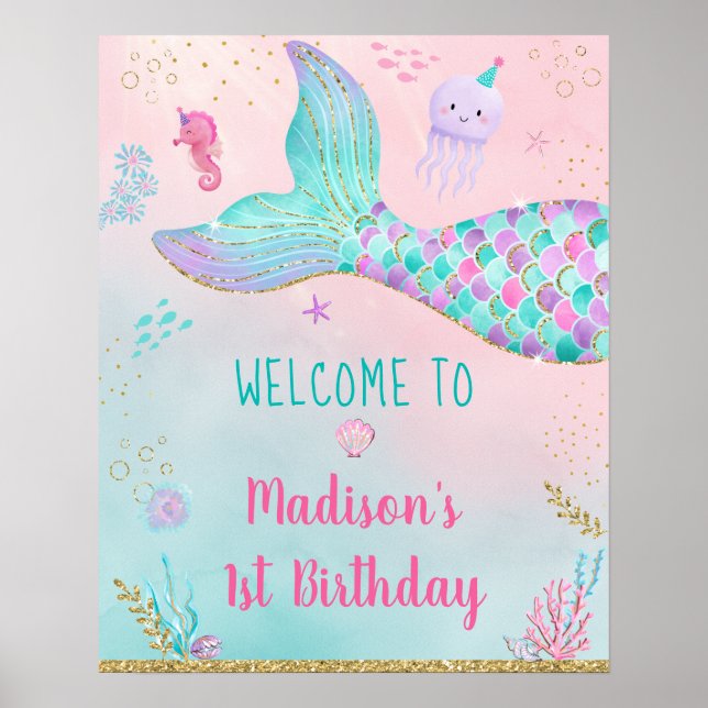 Mermaid Pink Gold Under The Sea Birthday Welcome Poster (Front)
