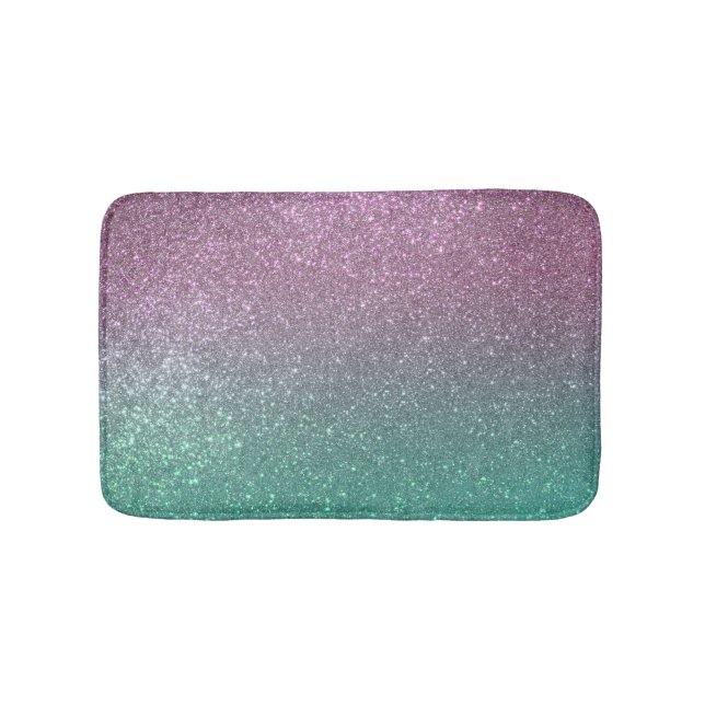 Mermaid Pink Green Sparkly Glitter Ombre Bath Mat (Front)