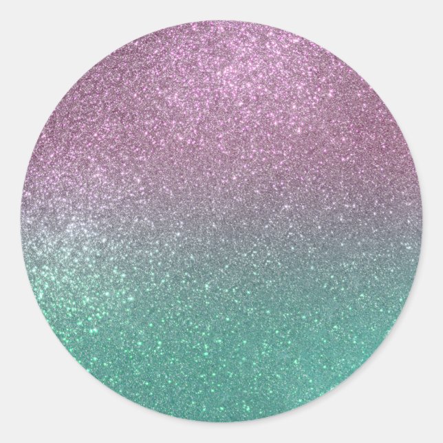 Mermaid Pink Green Sparkly Glitter Ombre Classic Round Sticker (Front)