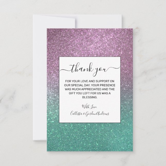 Mermaid Pink Green Sparkly Glitter Ombre Thank You Card (Front)