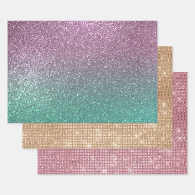 Mermaid Pink Green Sparkly Glitter Ombre Wrapping Paper Sheet (Set)