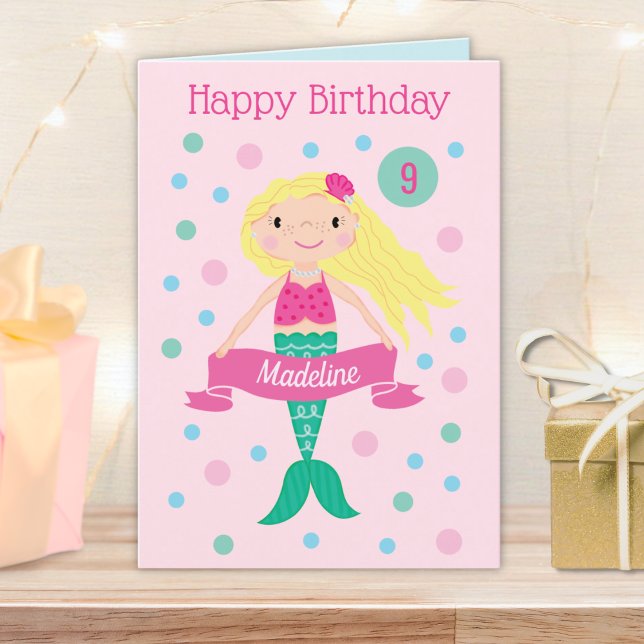 Mermaid Pink Personalised Age & Name Cute Birthday Card (Creator Uploaded)