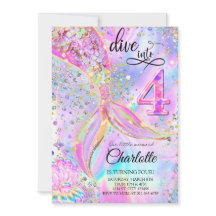 Mermaid Pink Purple Birthday Dive into Four