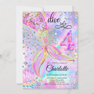 Mermaid Pink Purple Birthday Dive into Four  Invitation