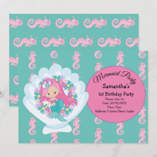 Mermaid Pink Purple Birthday Party Invitation