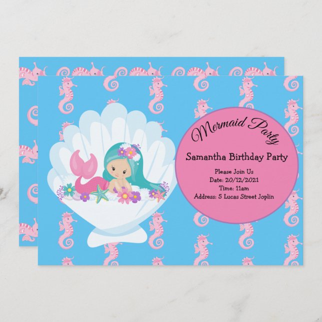 Mermaid Pink Purple Birthday Party Invitation (Front/Back)