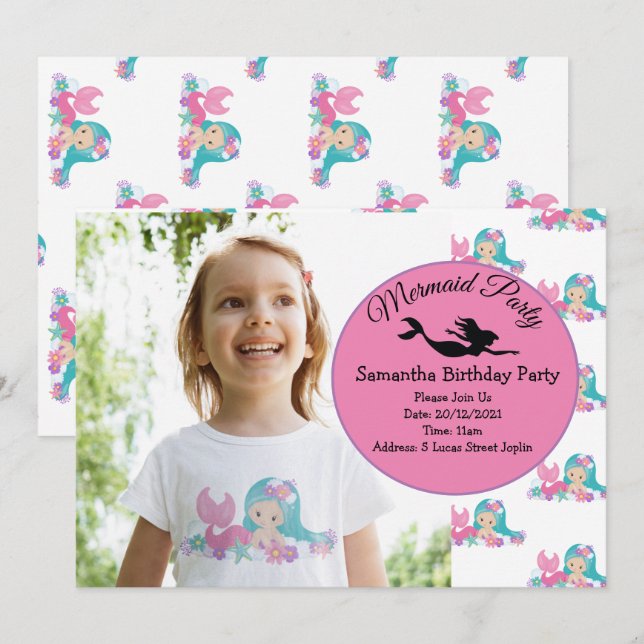 Mermaid Pink Purple Birthday Party Invitation (Front/Back)