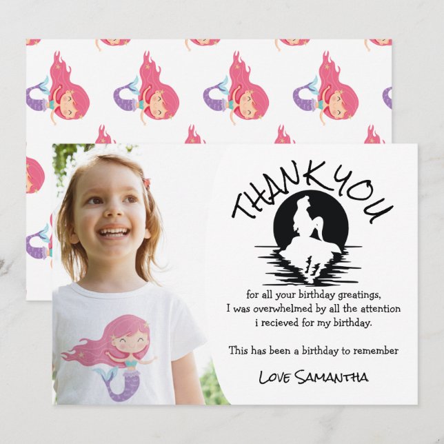 Mermaid Pink Purple Birthday Party Thank You Invit Invitation (Front/Back)