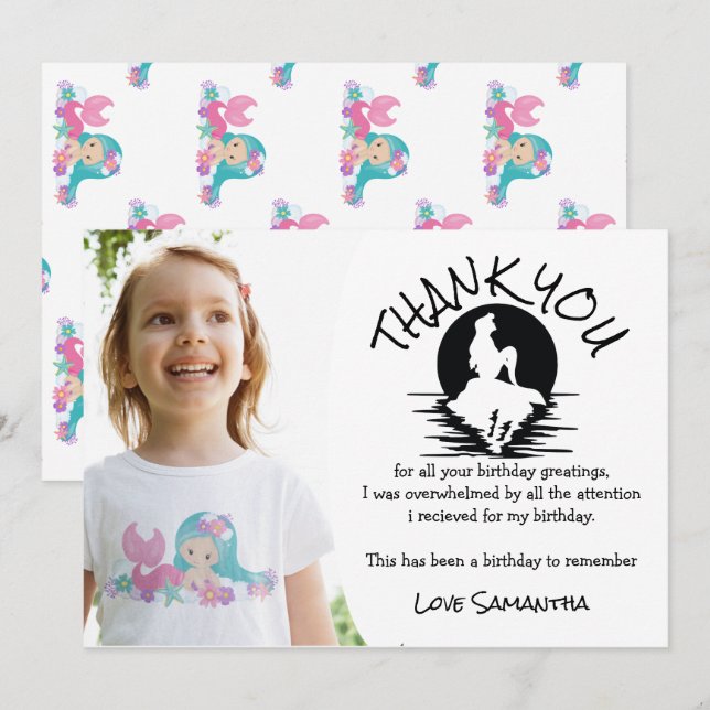 Mermaid Pink Purple Birthday Party Thank You Invitation (Front/Back)