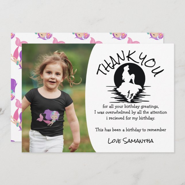 Mermaid Pink Purple Birthday Party Thank You  Invitation (Front/Back)