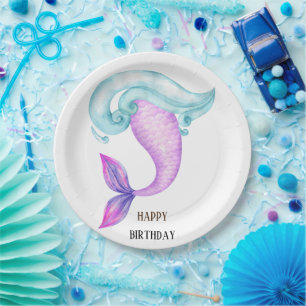 Mermaid pink purple blue birthday party paper plate