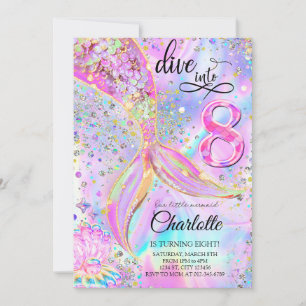Mermaid Pink Purple Dive into Eight Birthday  Invitation