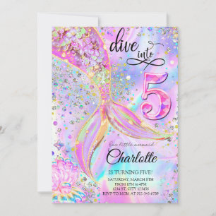 Mermaid Pink Purple Dive into Five 5th Birthday Invitation