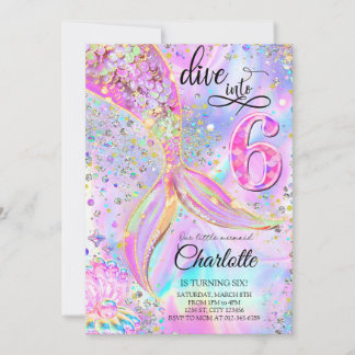 Mermaid Pink Purple Dive into Six 6th Birthday Invitation