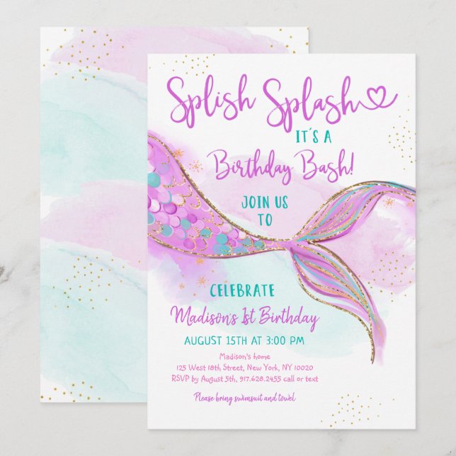 Mermaid Pink Purple Gold Watercolor Birthday Invitation (Front/Back)