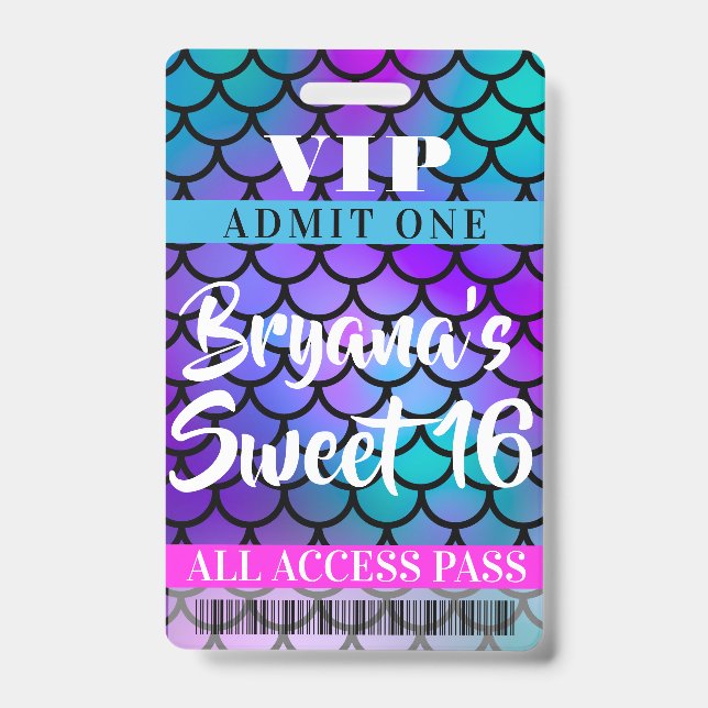 Mermaid Pink Purple Teal Party Sweet 16 VIP Pass ID Badge (Front)