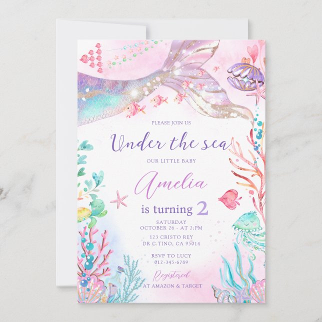 Mermaid Pink Purple Under the Sea Birthday Invitation (Front)