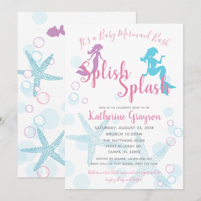 Mermaid Pink Teal Girl Baby Shower Invitation (Front/Back)