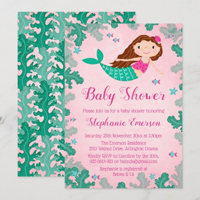 Mermaid Pink Under The Sea Baby Shower Invitations (Front/Back)