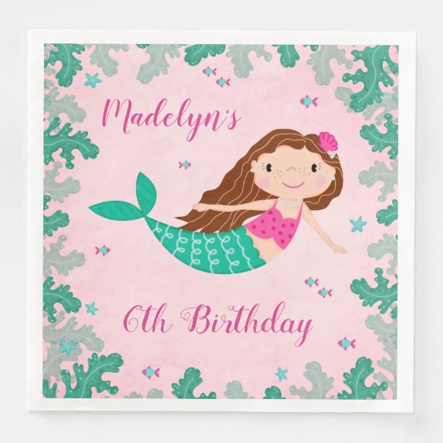Mermaid Pink Under The Sea Birthday Napkin (Front)