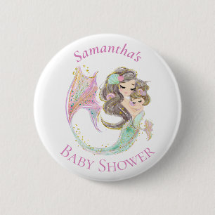 Mermaid Pink White Baby Shower Button