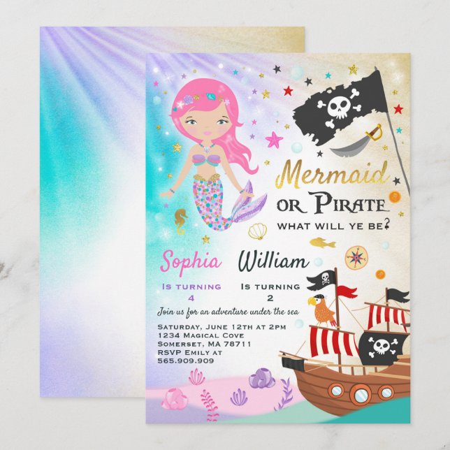 Mermaid Pirate Birthday Invitation Siblings Party (Front/Back)