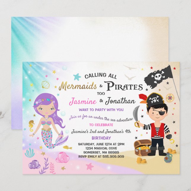 Mermaid Pirate Birthday Invitation Siblings Party (Front/Back)