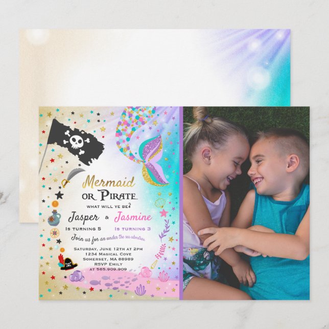 Mermaid Pirate Birthday Invitation Siblings Party (Front/Back)