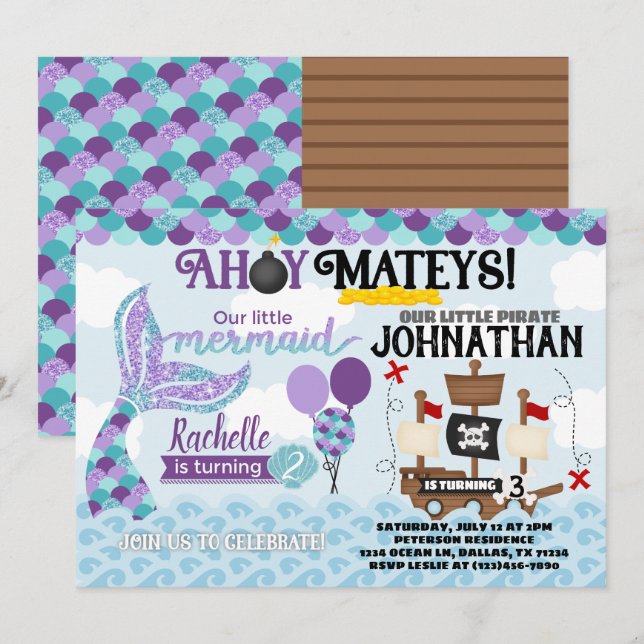 Mermaid Pirate Birthday Party Invitation (Front/Back)