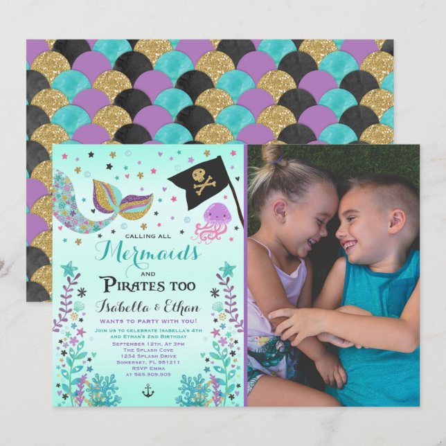 Mermaid & Pirate Birthday Sibling Boy Girl Invite (Front/Back)