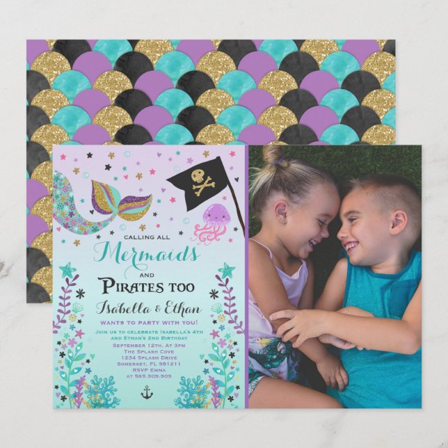 Mermaid & Pirate Birthday Sibling Boy Girl Invite (Front/Back)