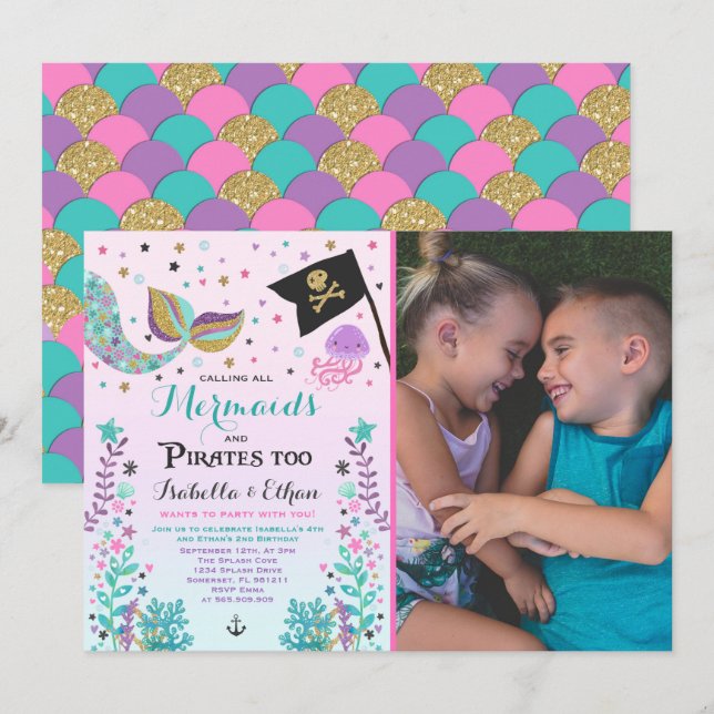 Mermaid & Pirate Birthday Sibling Boy Girl Invite (Front/Back)
