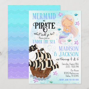 Mermaid & Pirate Boy Girl Siblings Joint Birthday  Invitation