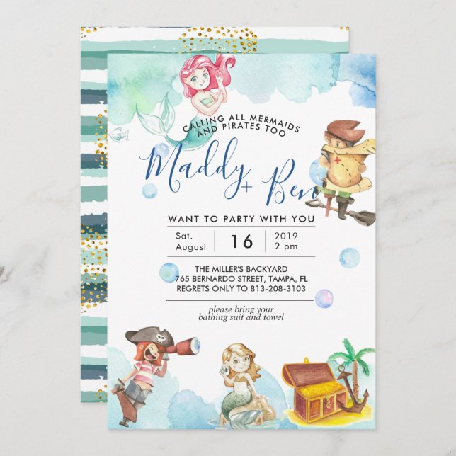 Mermaid & Pirate | Joint Pool Party Invitation (Front/Back)