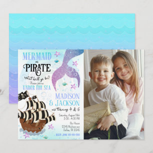 Mermaid & Pirate Photo Siblings Joint Birthday  Invitation
