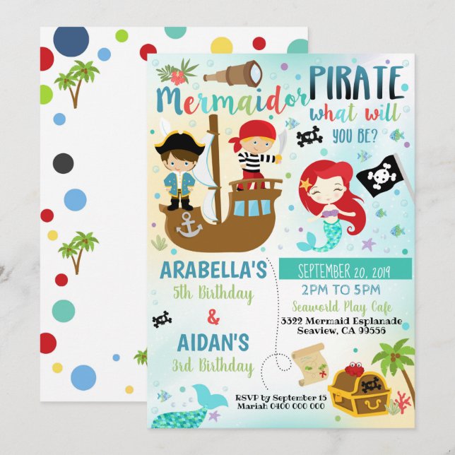 Mermaid Pirate Sibling Boy Girl Invitation (Front/Back)