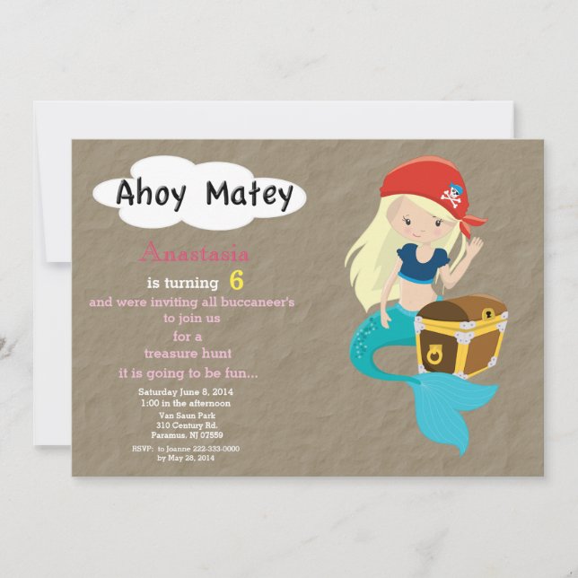Mermaid Pirate Treasure Hunt Birthday Invitation (Front)