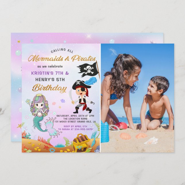 Mermaid & Pirate Under The Sea Birthday Photo Invitation (Front/Back)