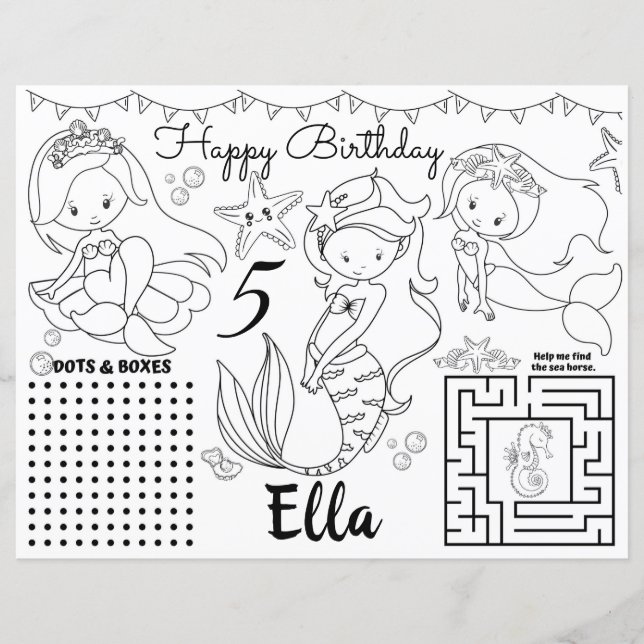 Mermaid Placemats, Mermaid activity colouring shee (Front)