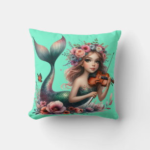 “Mermaid Playing Violin- Whimsical Underwater Art" Cushion