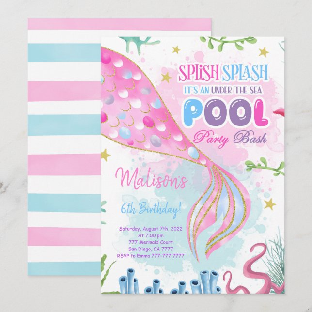 Mermaid & Pool Birthday Invitation (Front/Back)