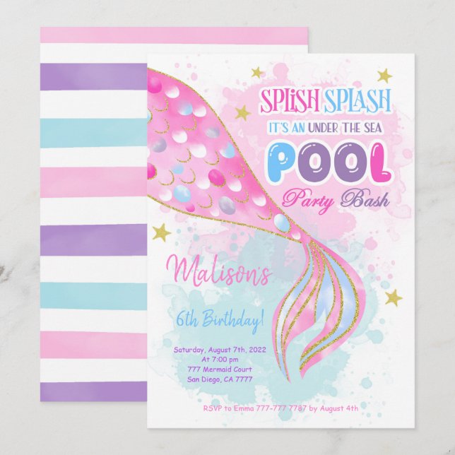 Mermaid & Pool kids Invitation (Front/Back)