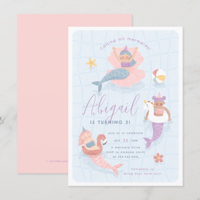 Mermaid Pool Party Birthday Invitation (Front/Back)