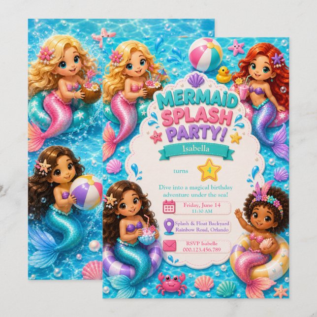 Mermaid Pool Party Birthday Invitation (Front/Back)